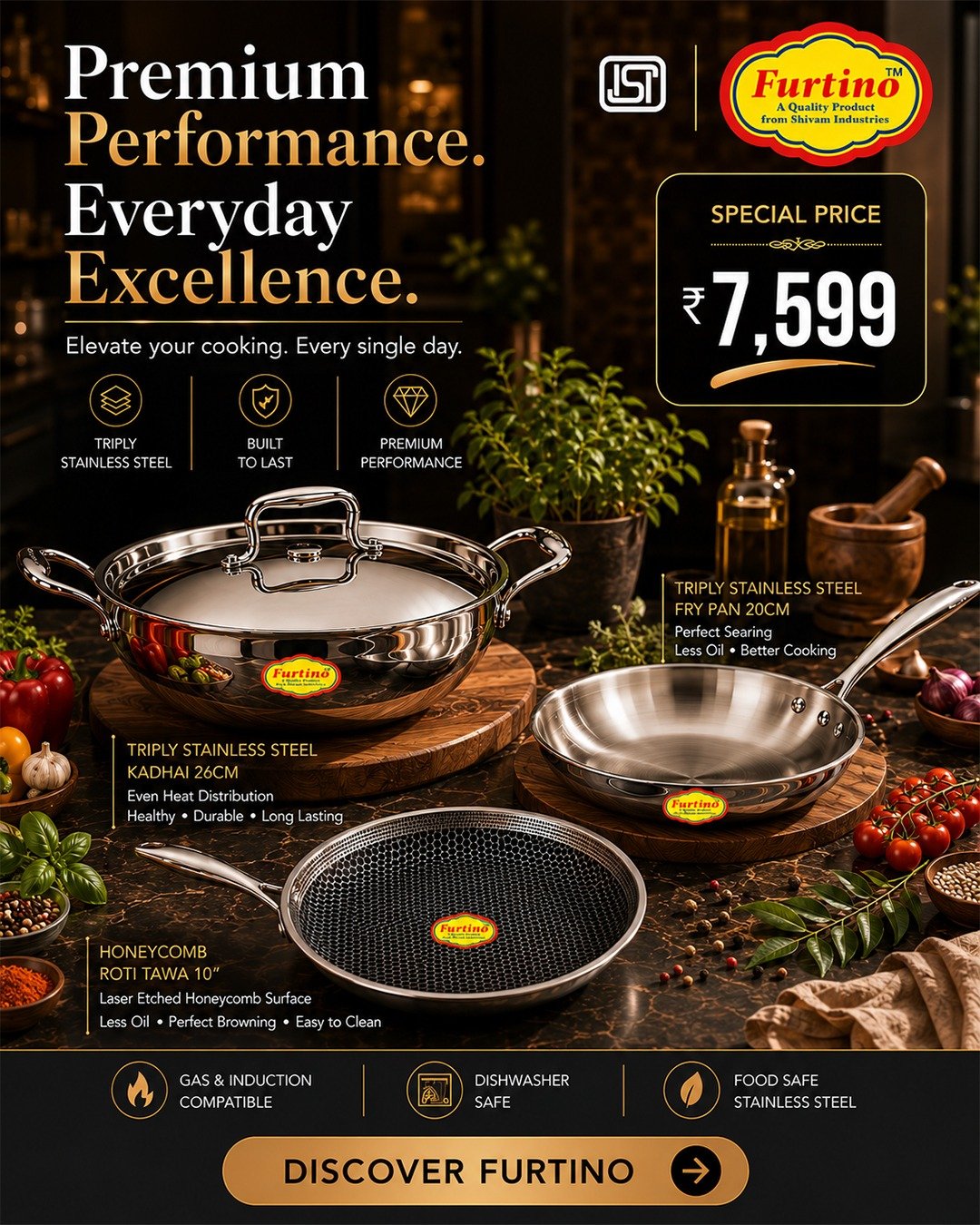 Furtino Premium Triply Cookware Combo | 26cm Kadhai + 20cm Fry Pan + 10" Honeycomb Roti Tawa