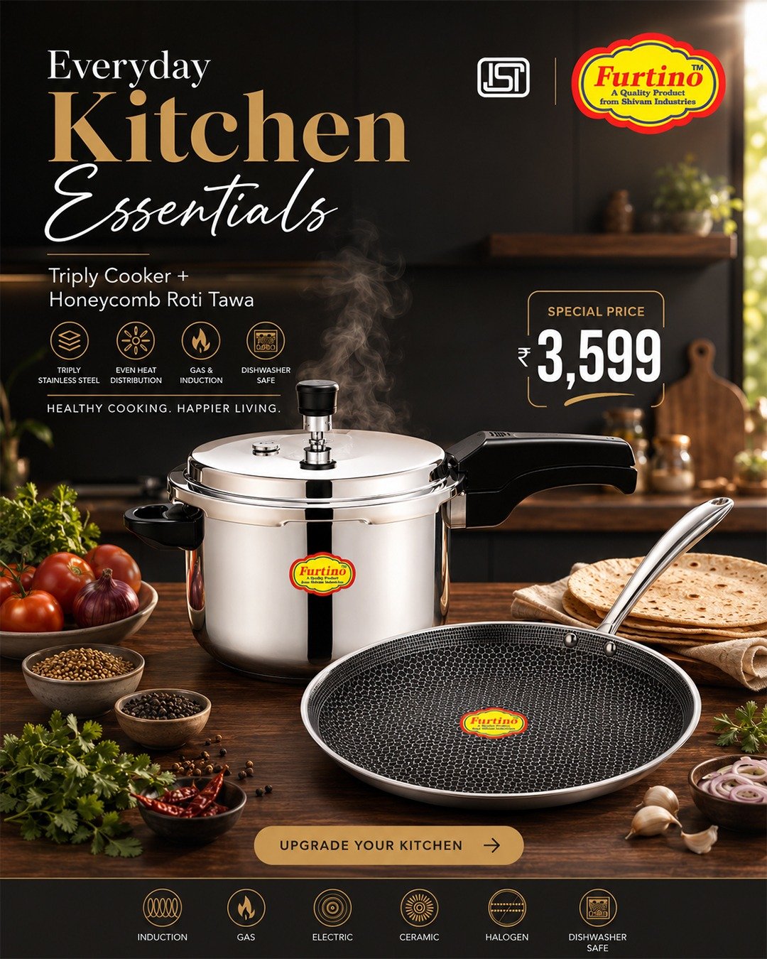 Furtino Triply Pressure Cooker & Honeycomb Roti Tawa Combo