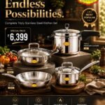 Furtino Complete Triply Stainless Steel Kitchen Set | 5L Pressure Cooker + 24cm Kadhai + 20cm Fry Pan + 16cm Saucepan