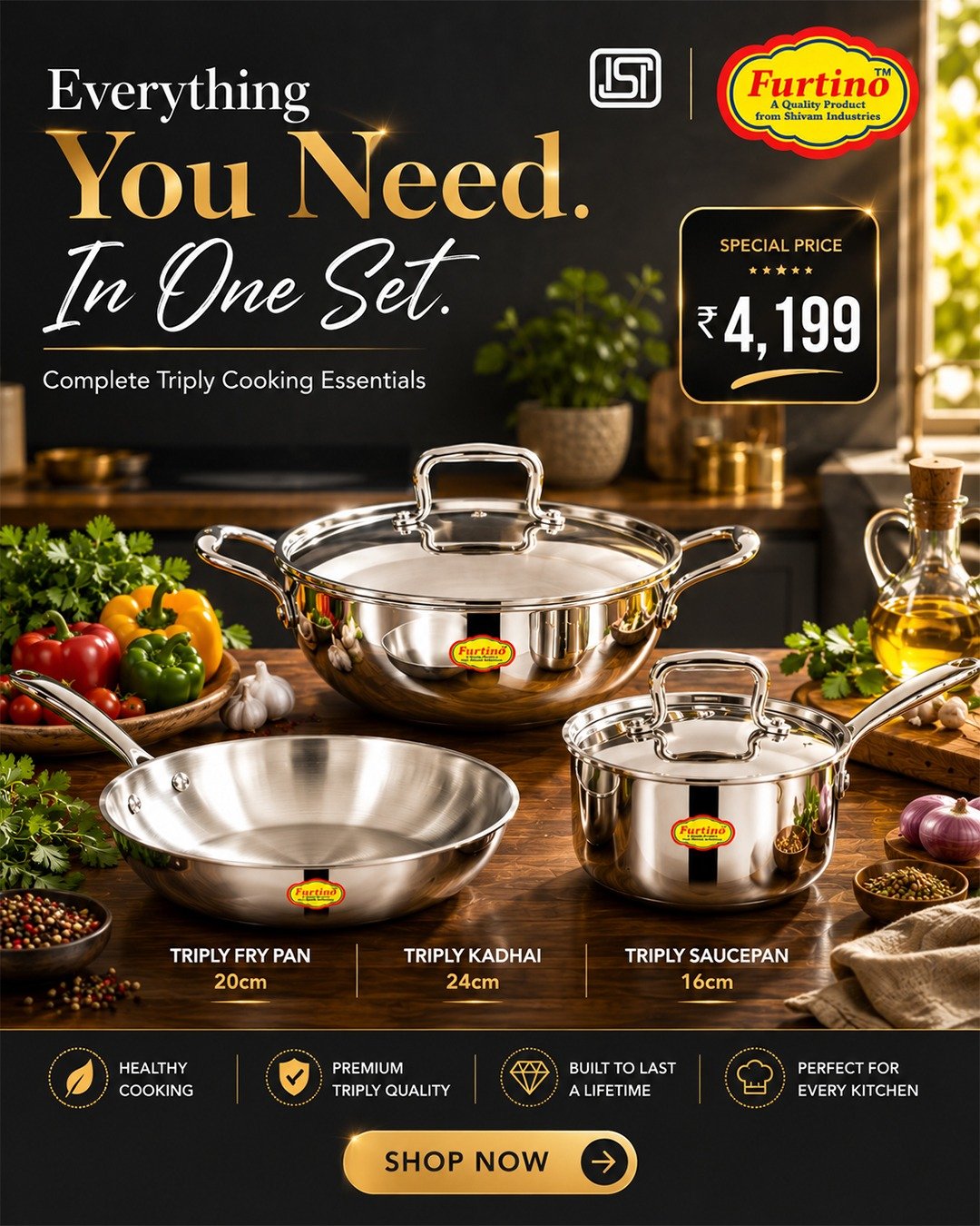 Furtino Complete Triply Cookware Set | 24cm Triply Kadhai + 20cm Fry Pan + 16cm Saucepan