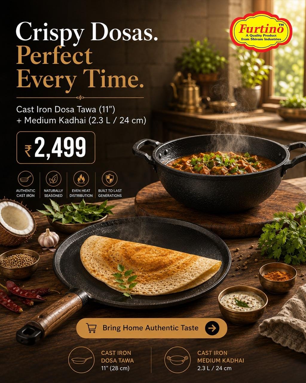 Furtino Cast Iron Dosa Tawa & Kadhai Combo