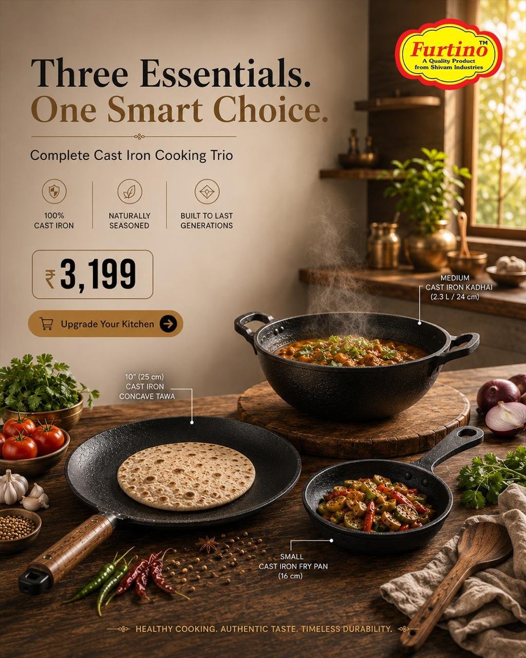 Furtino Cast Iron Cooking Trio – Tawa, Kadhai & Fry Pan Combo