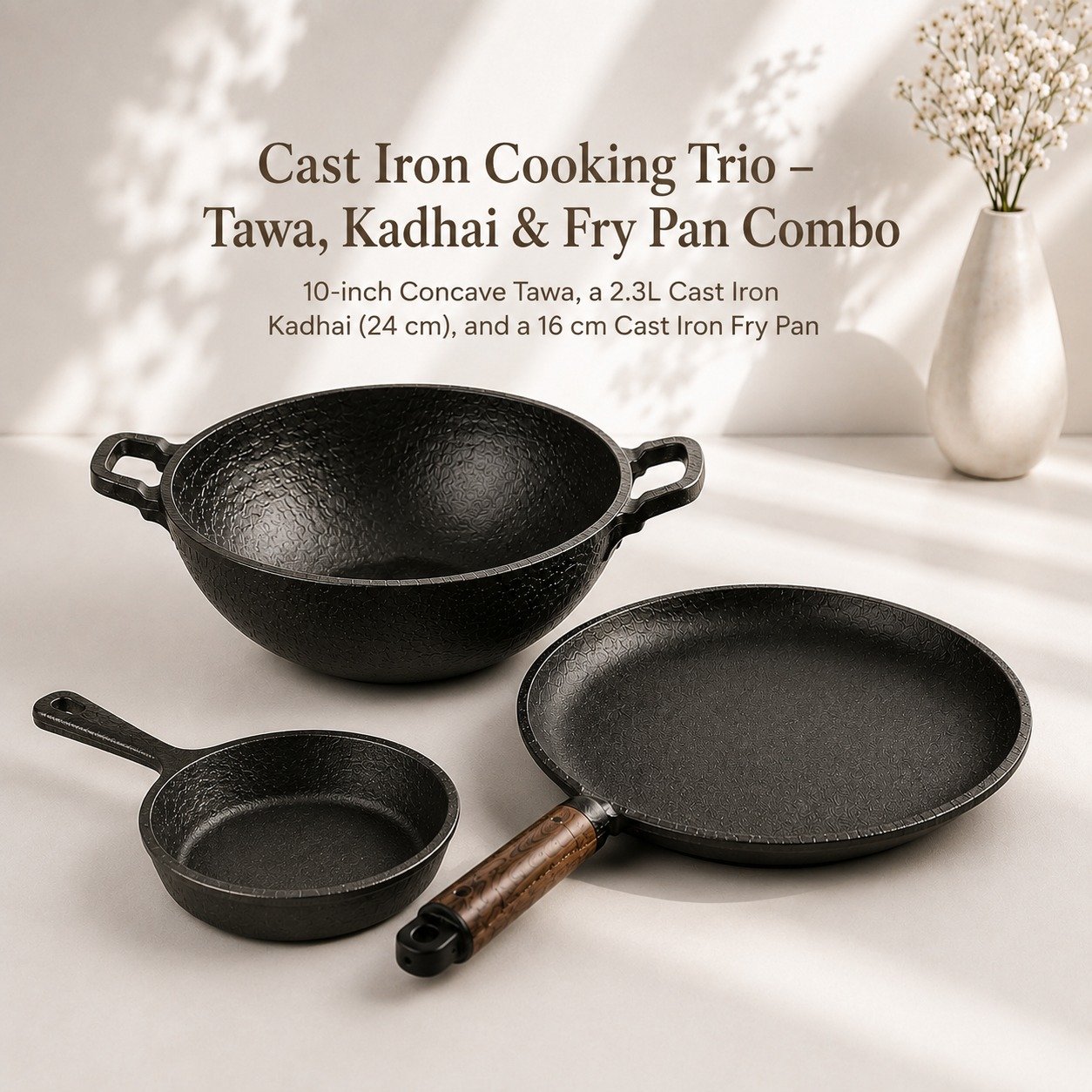 Furtino Cast Iron Cooking Trio – Tawa, Kadhai & Fry Pan Combo