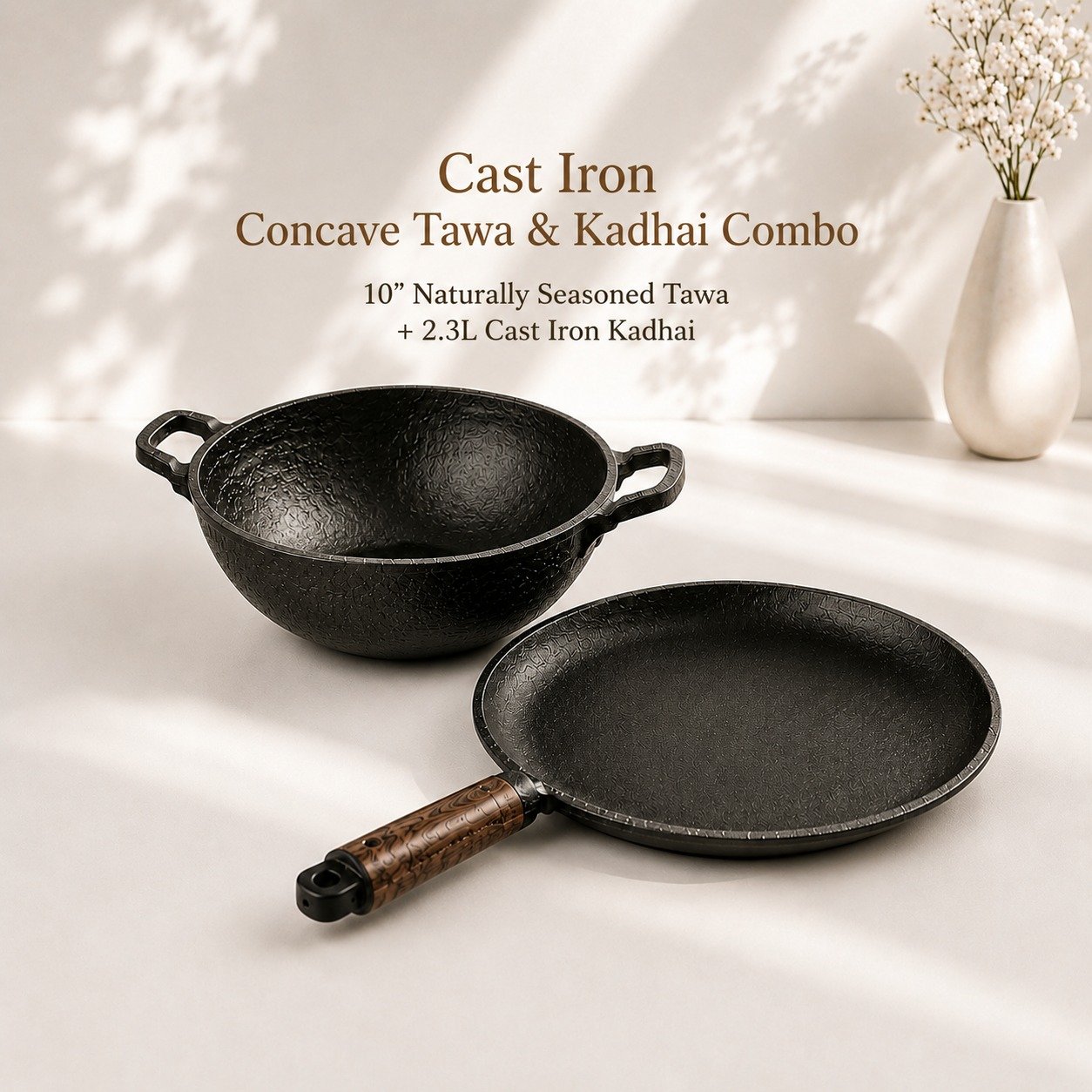 Furtino Cast Iron Concave Tawa & Kadhai Combo | 10" Naturally Seasoned Tawa + 2.3L Cast Iron Kadhai |
